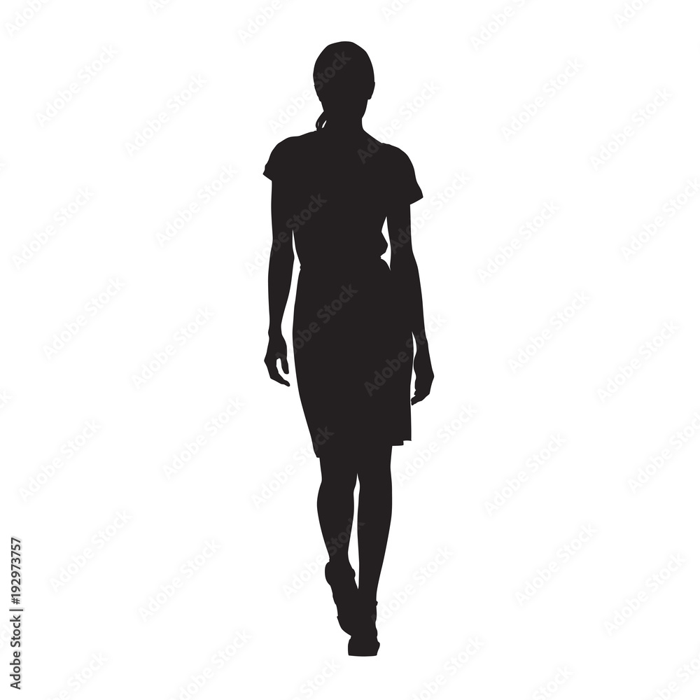 Business woman walking, isolated vector silhouette. Sexy lady, catwalk, front view