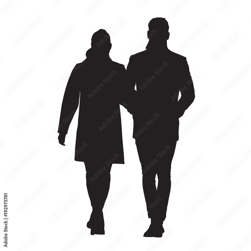 Couple walking together. Man and woman vector silhouette