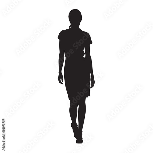 Business woman walking, isolated vector silhouette. Sexy lady, catwalk, front view