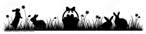 Easter Banner Meadow black Silhouette with Easter bunnies and Easter eggs