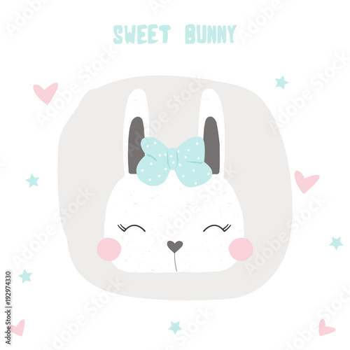 Cute little bunny with blue bow. Vector hand drawn illustration.