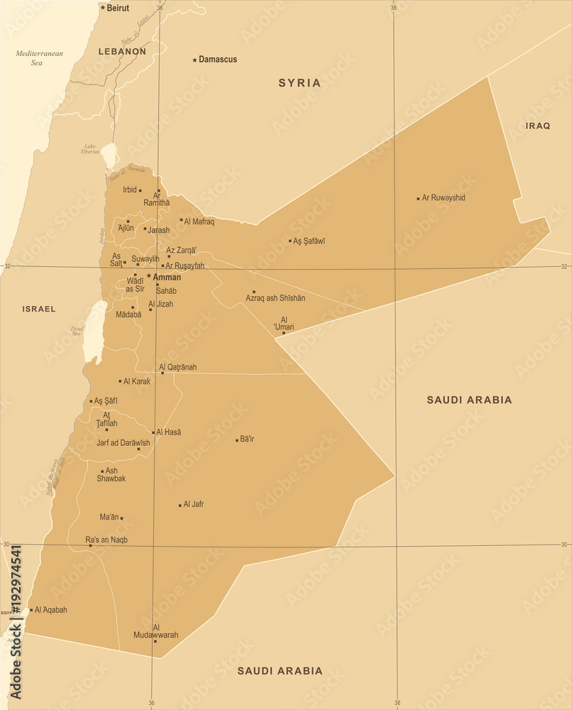Jordan Map - Vintage Detailed Vector Illustration