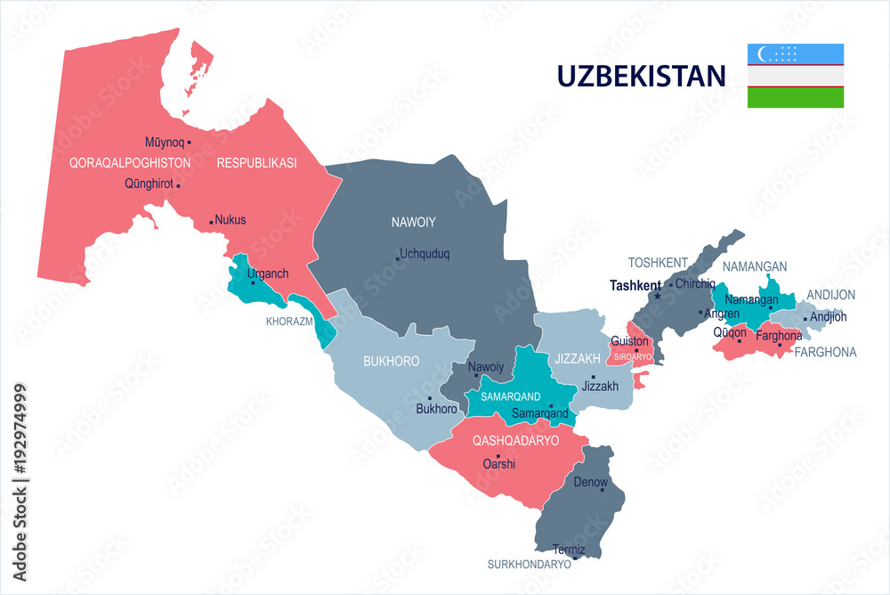 Uzbekistan, - map and flag - Detailed Vector Illustration