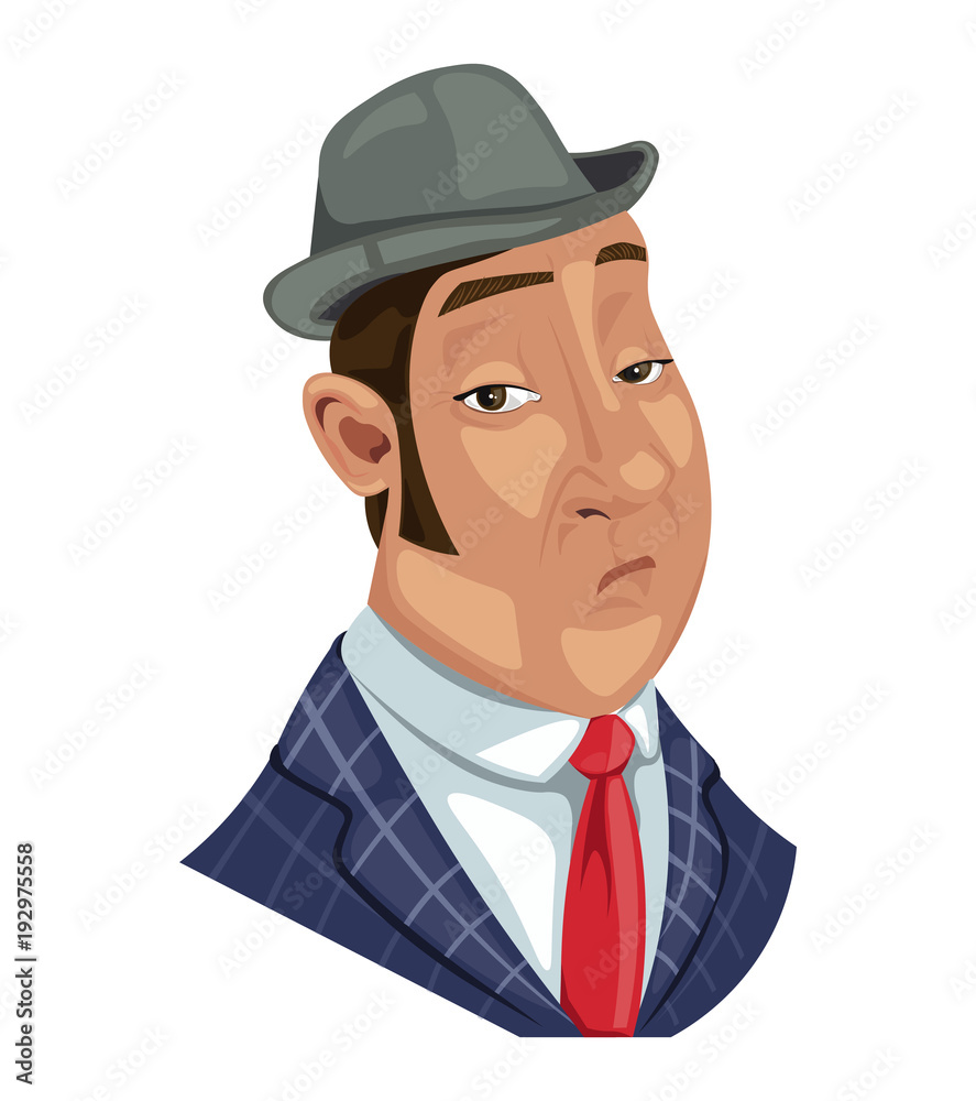 Serious man in a classic suit, red tie and a hat Vector cartoon character