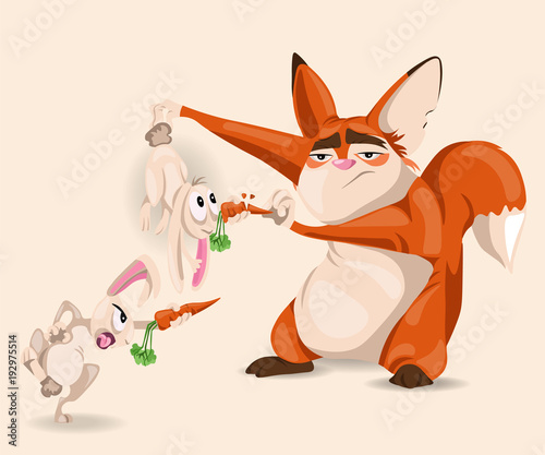 Fox playing with rabbits Vector cartoon character