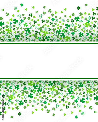 Clover shamrock leaves isolated on white background. Abstract St. Patrick's day border background template with place for your text. Vector flat illustration for your greeting cards design or poster