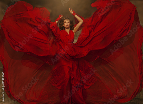 Woman in Red Dress, Lady Fantasy Gown Flying and Waving, Hair Blowing on Wind