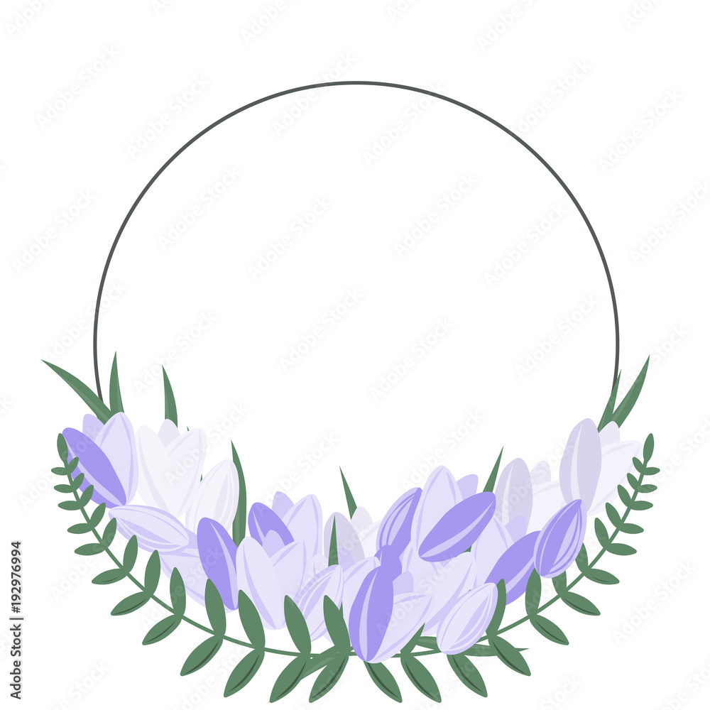 Flower round frame with purple flowers and green leaves. Elegant decorative frame for your text or design from tulips.