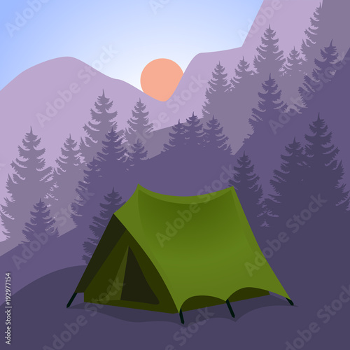 Camping cartoon. Tourist tent in mountains.