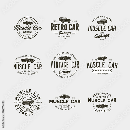set of vintage muscle car garage logos. vector illustration