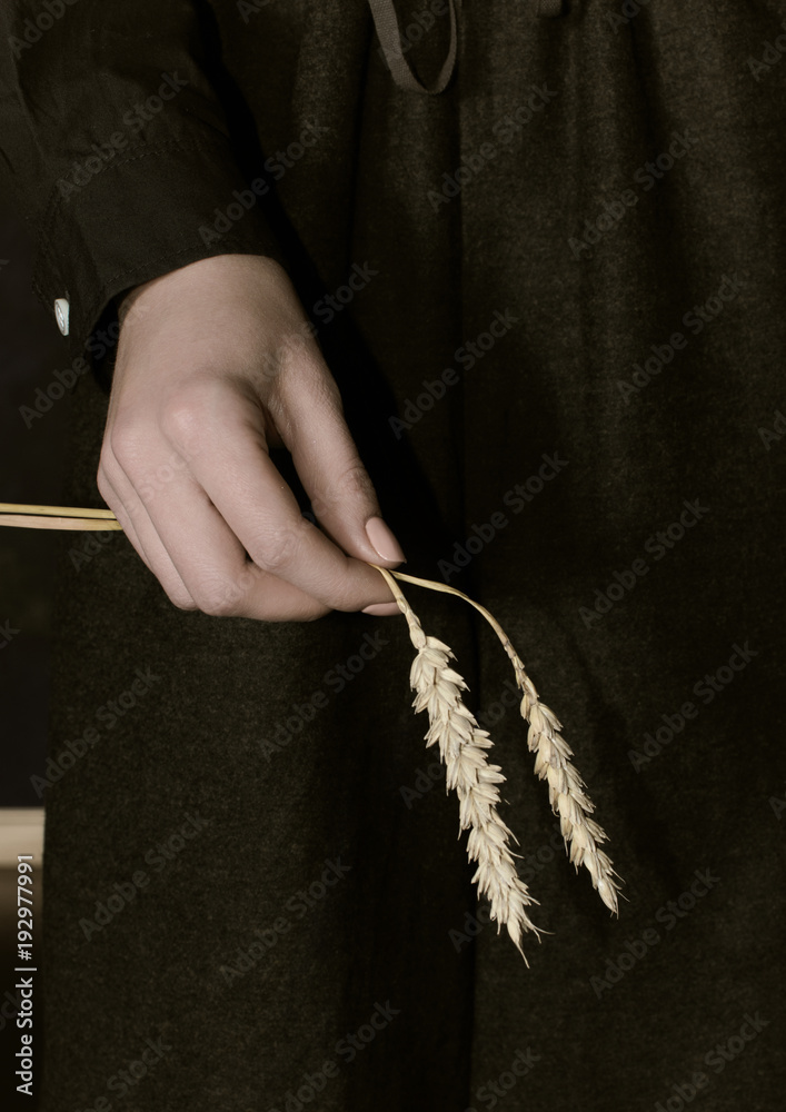 Woman's hand as symbol of famine period in Ukraine in 1932-1933 years. Law of Five Three Spikelets, genocide of Ukrainian Nation. History of holodomor victims.