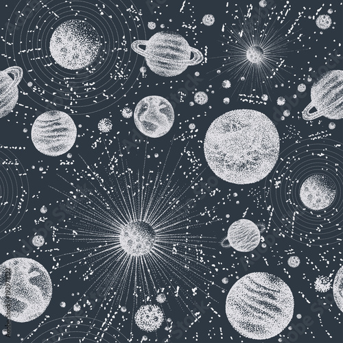 Seamless pattern with stars, satellites and other celestial bodies in outer space. Backdrop with planets orbiting sun hand drawn in black and white colors. Vector illustration in dotwork style.