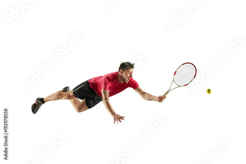 one caucasian man playing tennis player isolated on white background © master1305