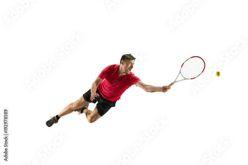 one caucasian man playing tennis player isolated on white background © master1305