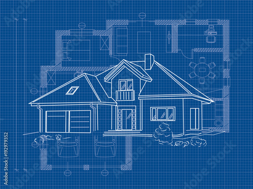 Linear architectural project of detached house - vector illustration