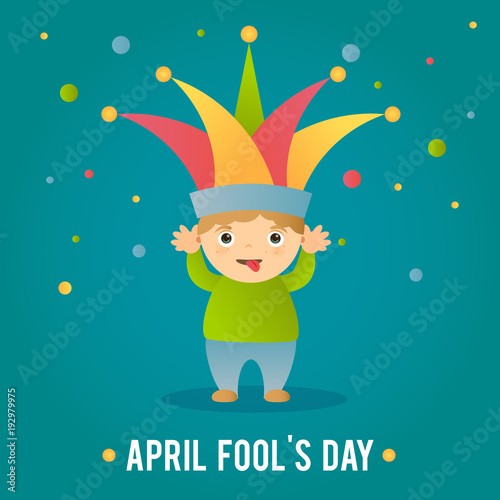 Vector illustration for holiday fool day. The boy in the cap of the jester with his tongue out. Day of jokes, laughter and fun. Can be used for the design of a banner, party, greeting card.