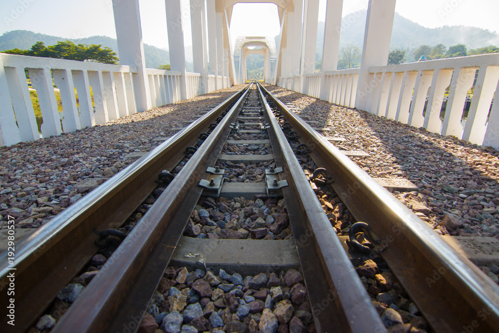 Obraz premium railway track, line crossing railway track on the stone background Bangkok Thailand 