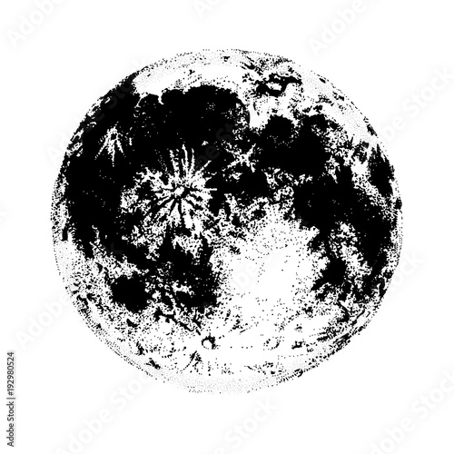 Moon isolated on white background. Elegant drawing of celestial body, space astronomical object, satellite or planet. Monochrome vector illustration hand drawn in contemporary dotwork style.