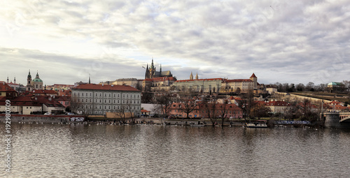 Prague Castle and river Vltava panorama with cloudy sky