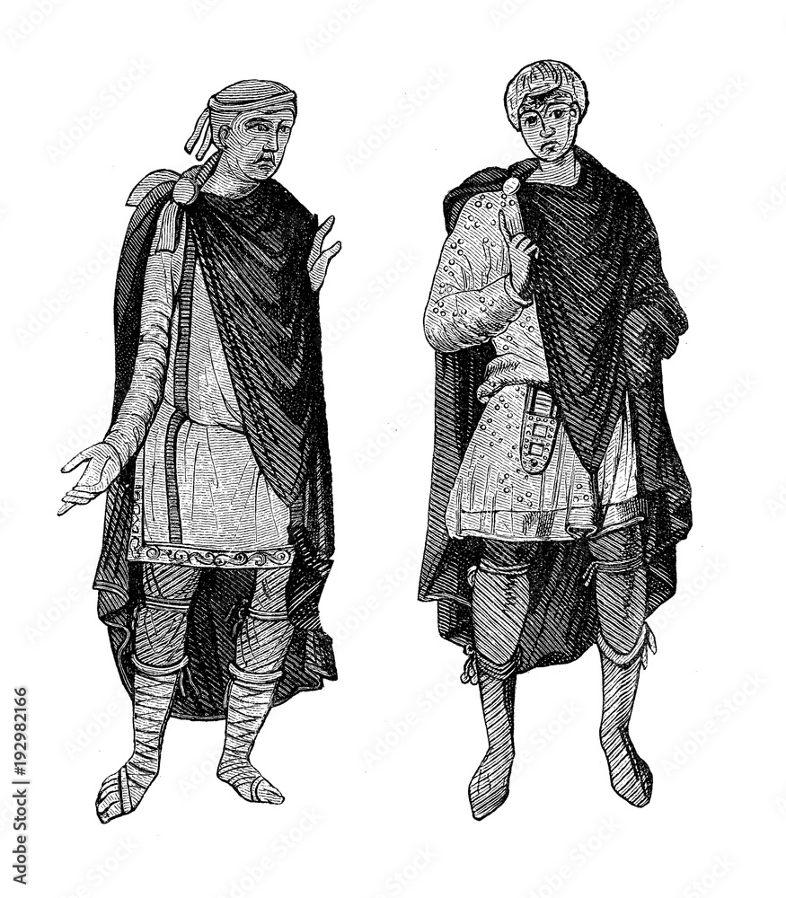 German costumes from V to VIII century: short tunic, mantel, breies hung to the knees or mid-calf and leather shoes or boots