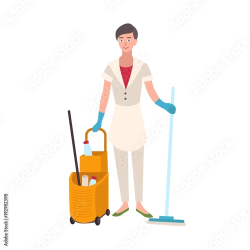 Smiling woman dressed in uniform holding floor mop and bucket cart