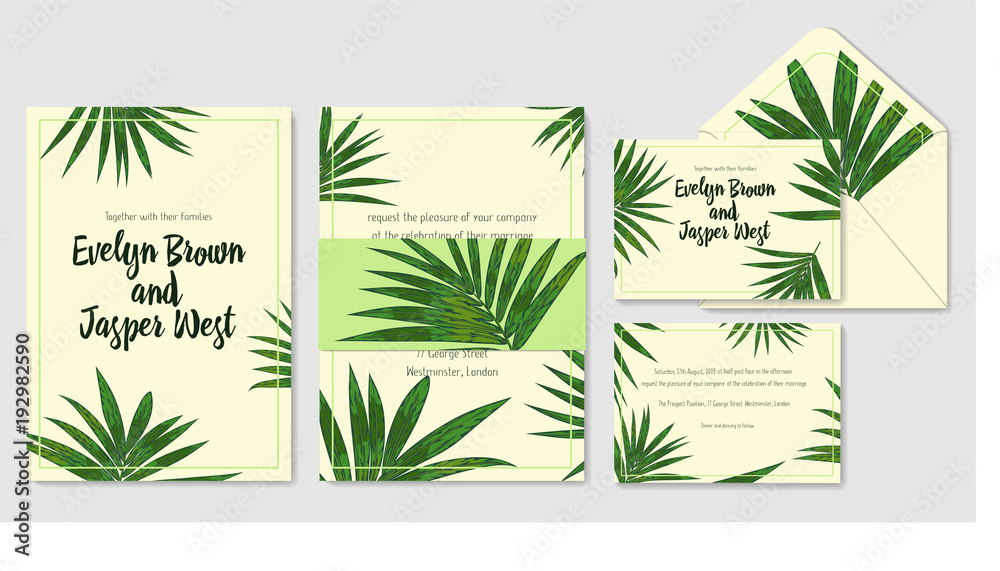 Wedding invite, envelope, rsvp, holiday card. Design with Green Howea palm leaves on a beige background and frames in summer style. Vector