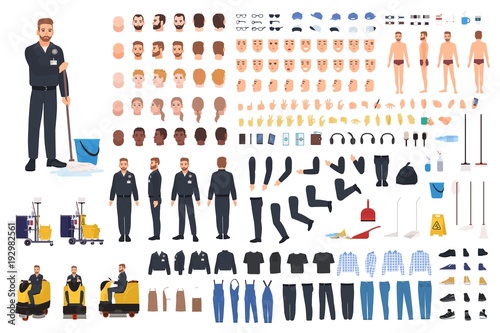 Cleaning service worker creation set or constructor. Bundle of janitor body parts, gestures, uniform and clothing, equipment, floor polisher isolated on white background. Vector illustration.