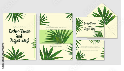 Wedding invite, envelope, rsvp, holiday card. Design with Green Howea palm leaves on a beige background and frames in summer style. Vector