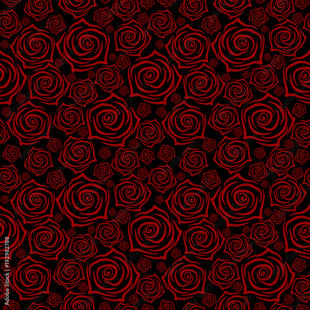 Beautiful seamless pattern with red roses on black background. illustration.