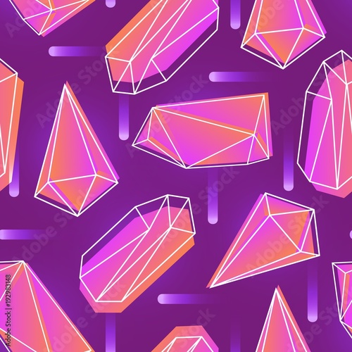 Abstract seamless pattern with neon colored crystals, minerals or faceted sto...