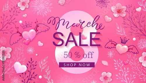 8 march sale background with flower, heart