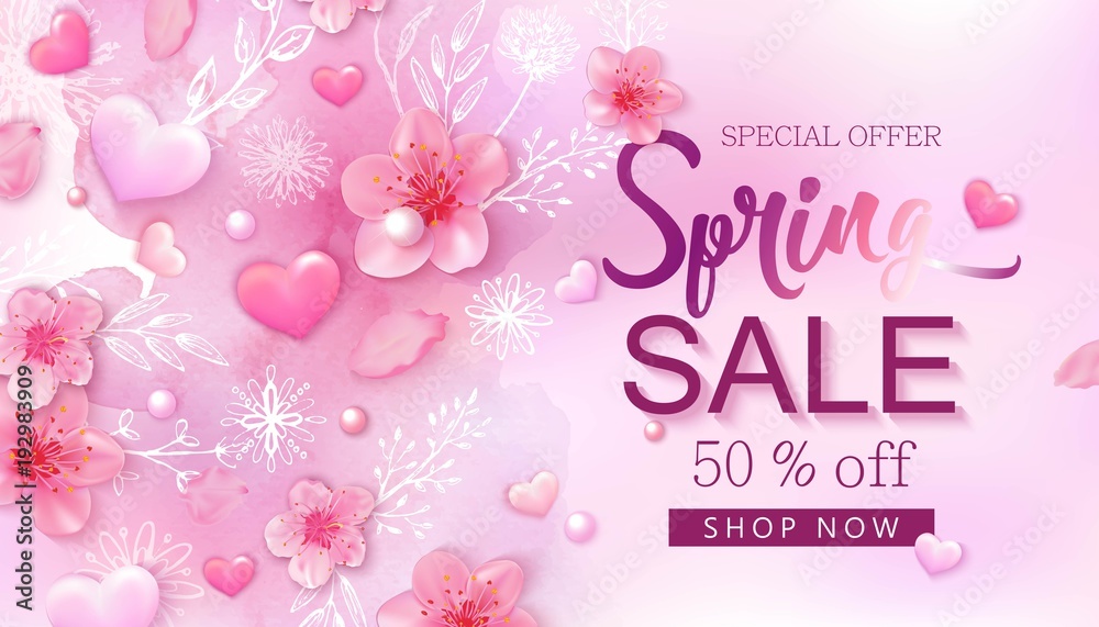 Spring sale banner with cherry blossoms, flowers