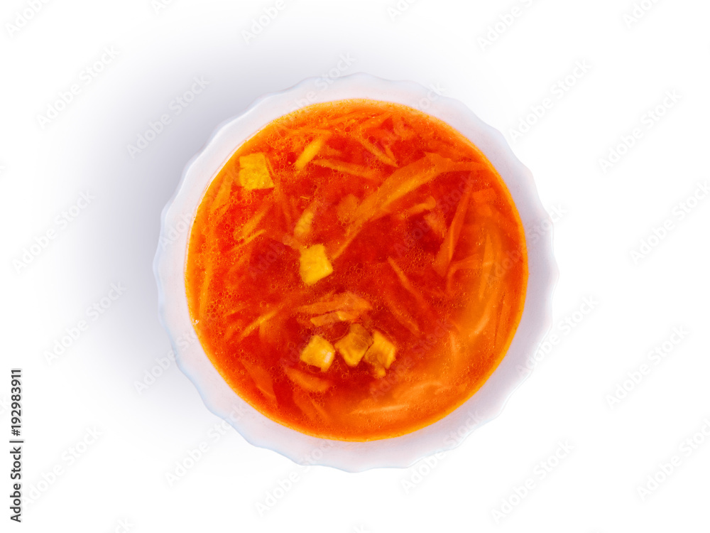 White plate with red home Ukrainian, Russian borscht, isolated on white background. National cuisine, soup with beetroot and cabbage. Abstract composition on the theme of food, top view White plate with red home Ukrainian, Russian borscht, isolated on white background. National cuisine, soup with beetroot and cabbage. Abstract composition on the theme of food, top view