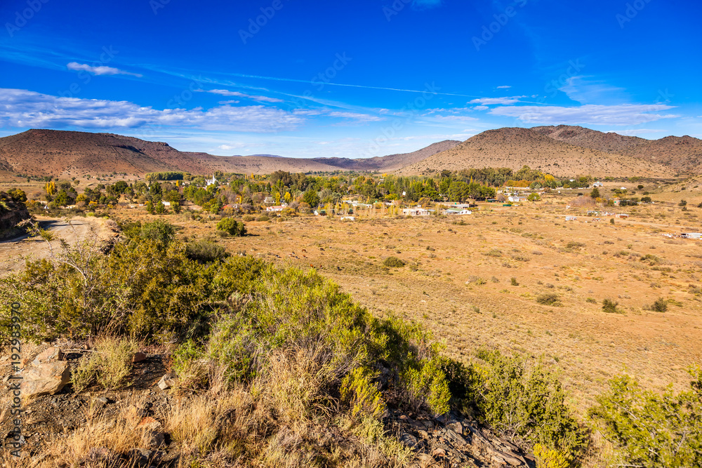 The landscape and the town of Nieu Bethesda which is nestled in the mountains of the eastern cape, South Africa.