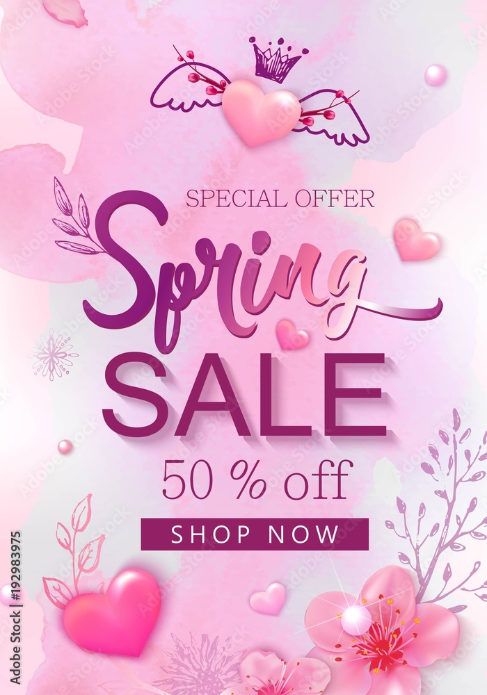 Spring sale banner with cherry blossoms, flowers