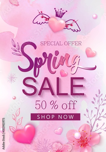 Spring sale banner with cherry blossoms  flowers