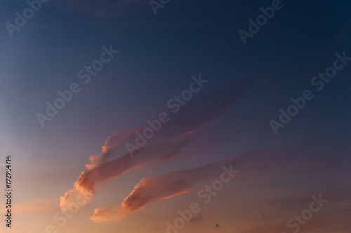 Outdoor horizontal shot of beautiful sky with pastel coloures and bright cumulus. Pink clouds in sky. Texture background. Clean cloudy sunset