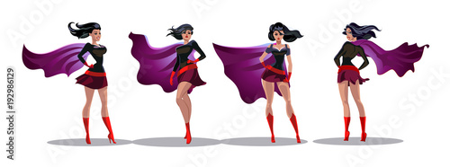 Comic superwoman actions in different poses. Female superhero vector cartoon characters. Illustration of superhero woman cartoon
