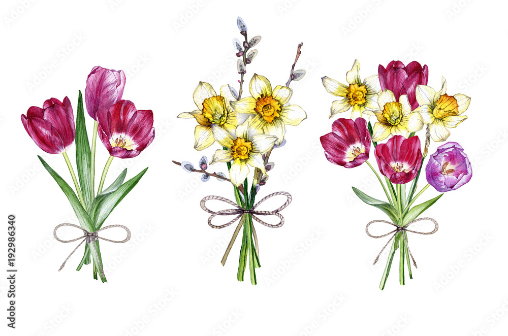 Hand drawn watercolor set of bouquets spring flowers