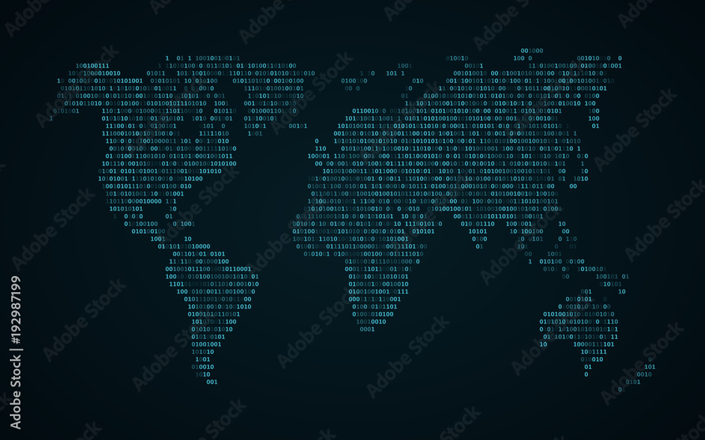 Abstract world map of binary code. Glowing map of the earth. Dark blue background. Blue lights. Sci-fi technology. Programming, big data. Global network. Vector illustration