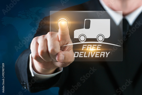 Business man order free delivery with using virtual technology on virtual screen
