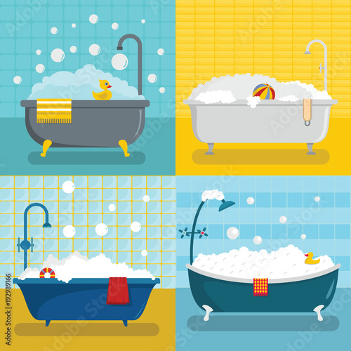 Bathtub foam shower banner concept set. Flat illustration of 4 bathtub foam shower vector banner horizontal concepts for web