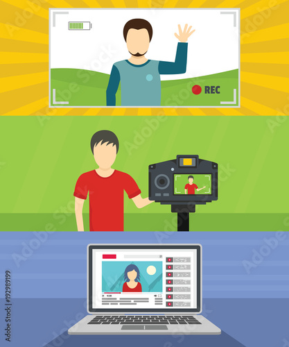 Video blog channel banner concept set. Flat illustration of 3 video blog channel vector banner horizontal concepts for web