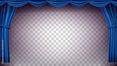Blue Theater Curtain Vector. Transparent Background. Banner For Concert, Theater. Opera Or Cinema Empty Silk Stage, Blue Scene. Realistic Illustration