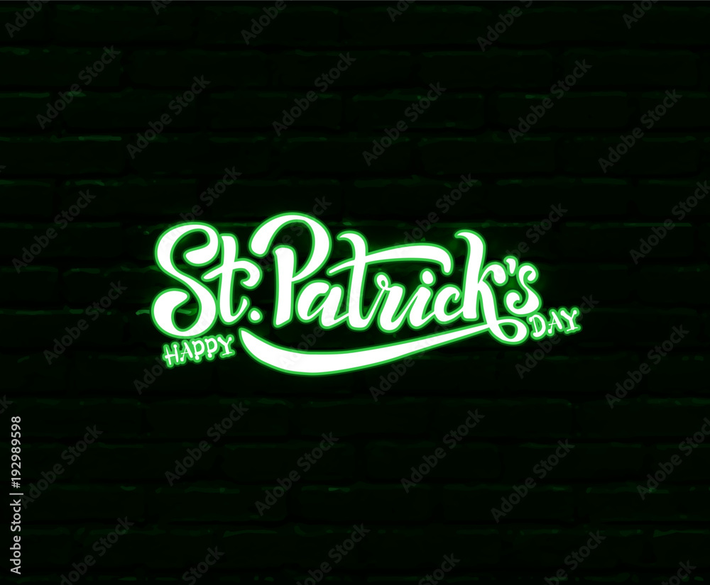 Obraz premium Hand sketched Irish celebration design. Vector illustration of Happy Saint Patrick's Day logotype. Beer festival lettering typography icon. Hand drawn typography badge with neon light