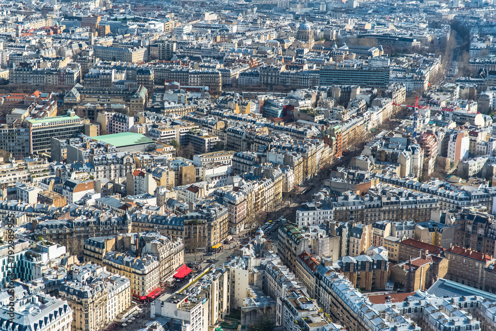 Paris, panorama, aerial view, beautiful buildings and roofs in a charming area

