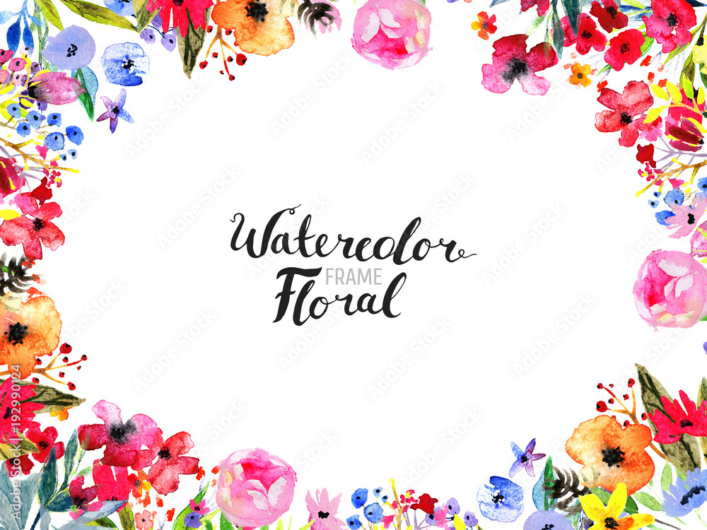 Fototapeta premium Akwarela kwiatowy tło. Ręcznie malowane obramowanie kwiatów. Dobry na zaproszenia i kartki z życzeniami. Rama na białym tle i napis szczotka. Ilustracja róży, maku i piwonii Kwiat wiosny