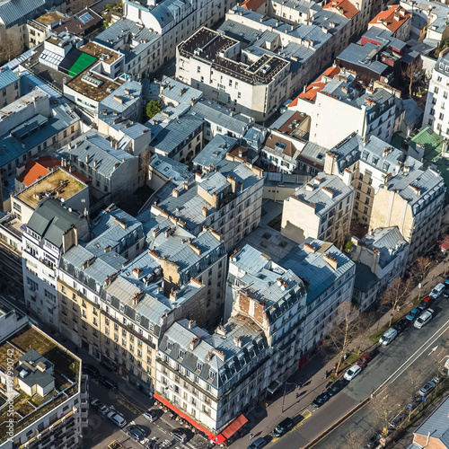 Paris, panorama, aerial view, beautiful buildings and roofs in a charming area 