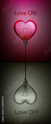 ove on and love off concept, Valentine day is over idea, two electric bulb like heart, but one is off,