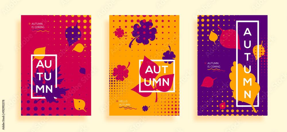 Collection of autumn retro poster template. Flat bright fall leaves. Poster, card, label, banner design set. Vector illustration